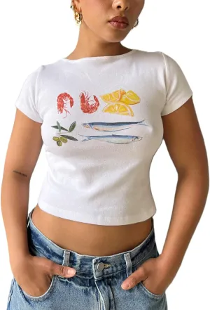 Short Sleeve Graphic T Shirts for Women Teens Y2k Bow Print Aesthetic Crop Tops Cute Baby Tee Summer Fashion 2024