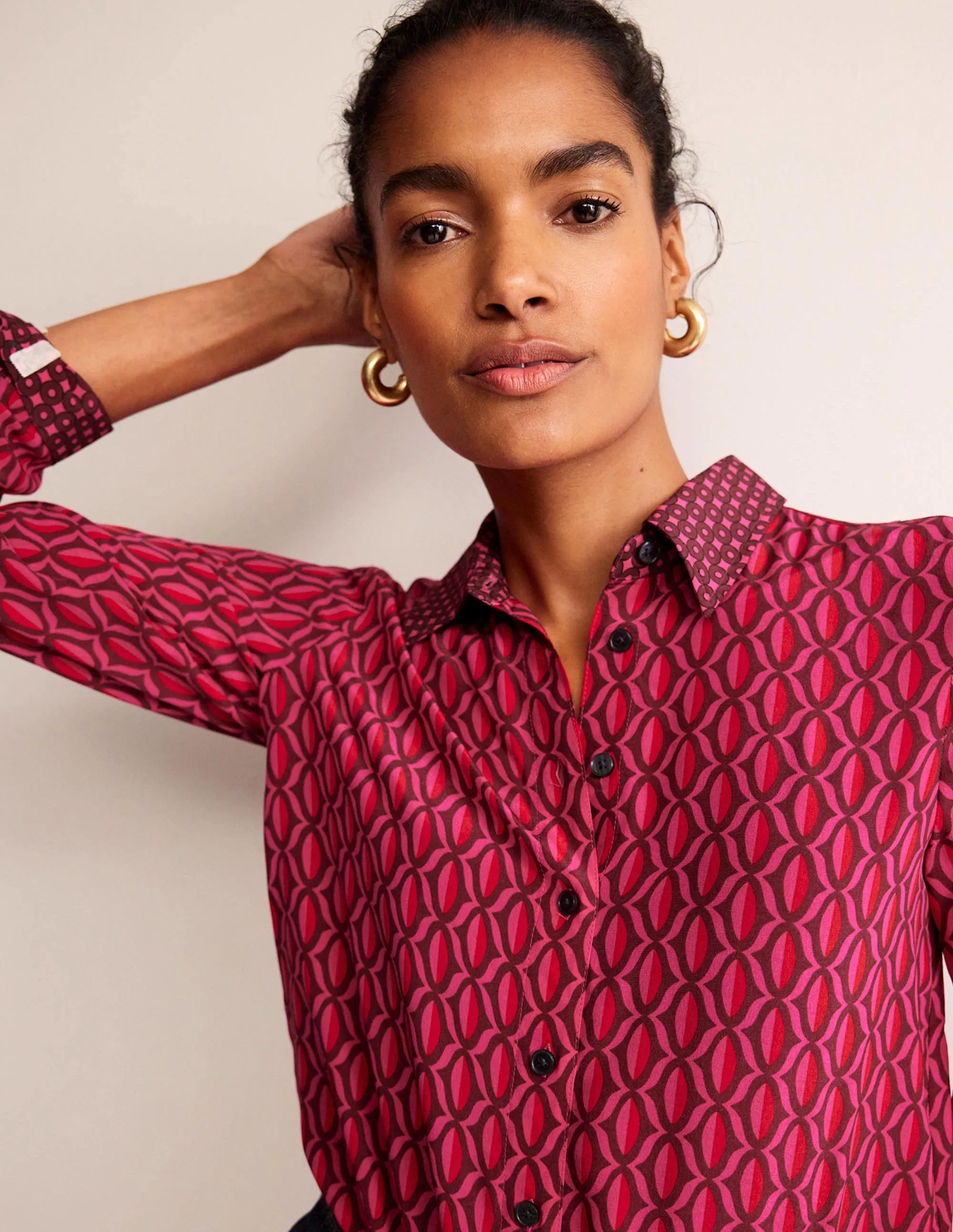 Sienna Silk Shirt-Vibrant Pink, Geo Valley