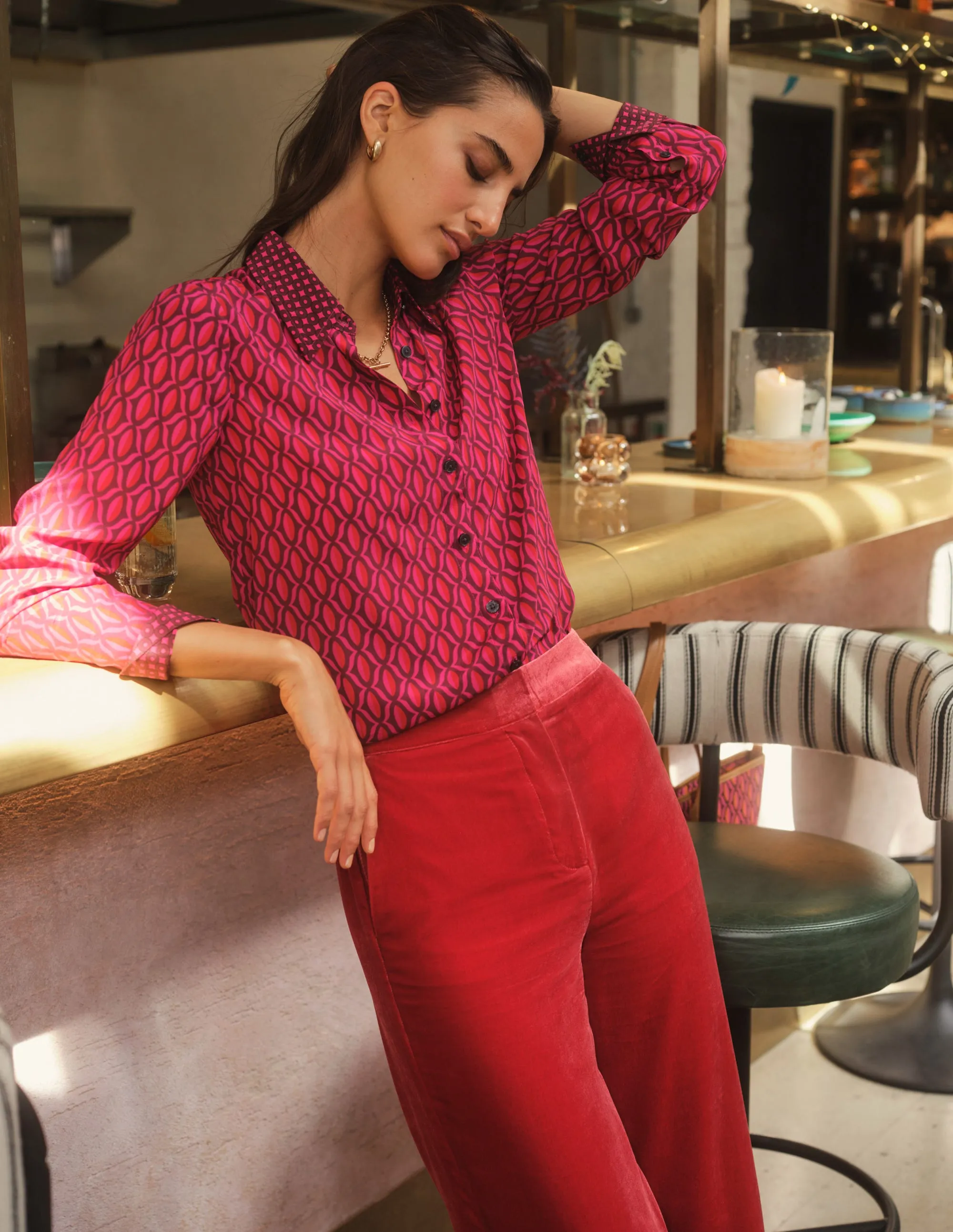 Sienna Silk Shirt-Vibrant Pink, Geo Valley