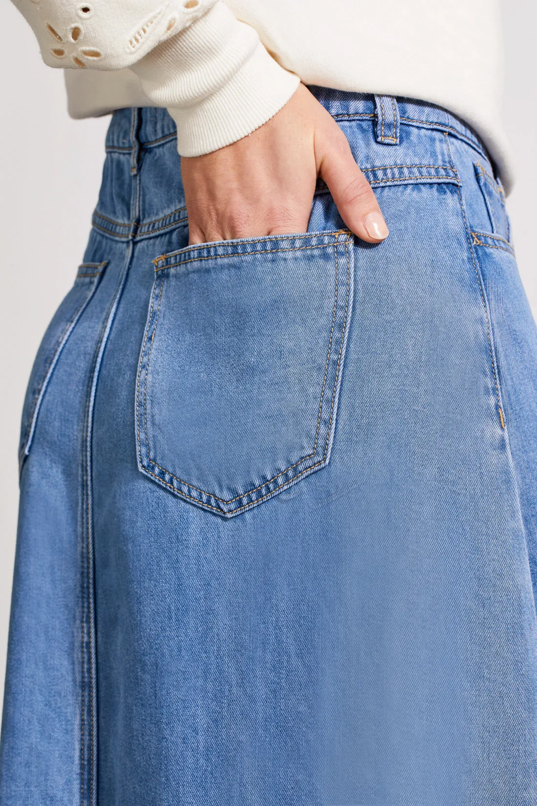 TRIBAL Button Down Flowy Midi Skirt - Soft Blue