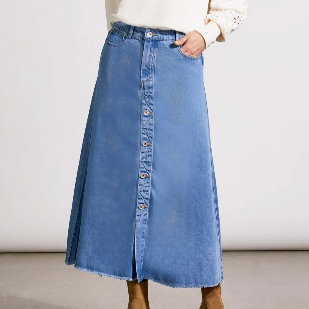 TRIBAL Button Down Flowy Midi Skirt - Soft Blue