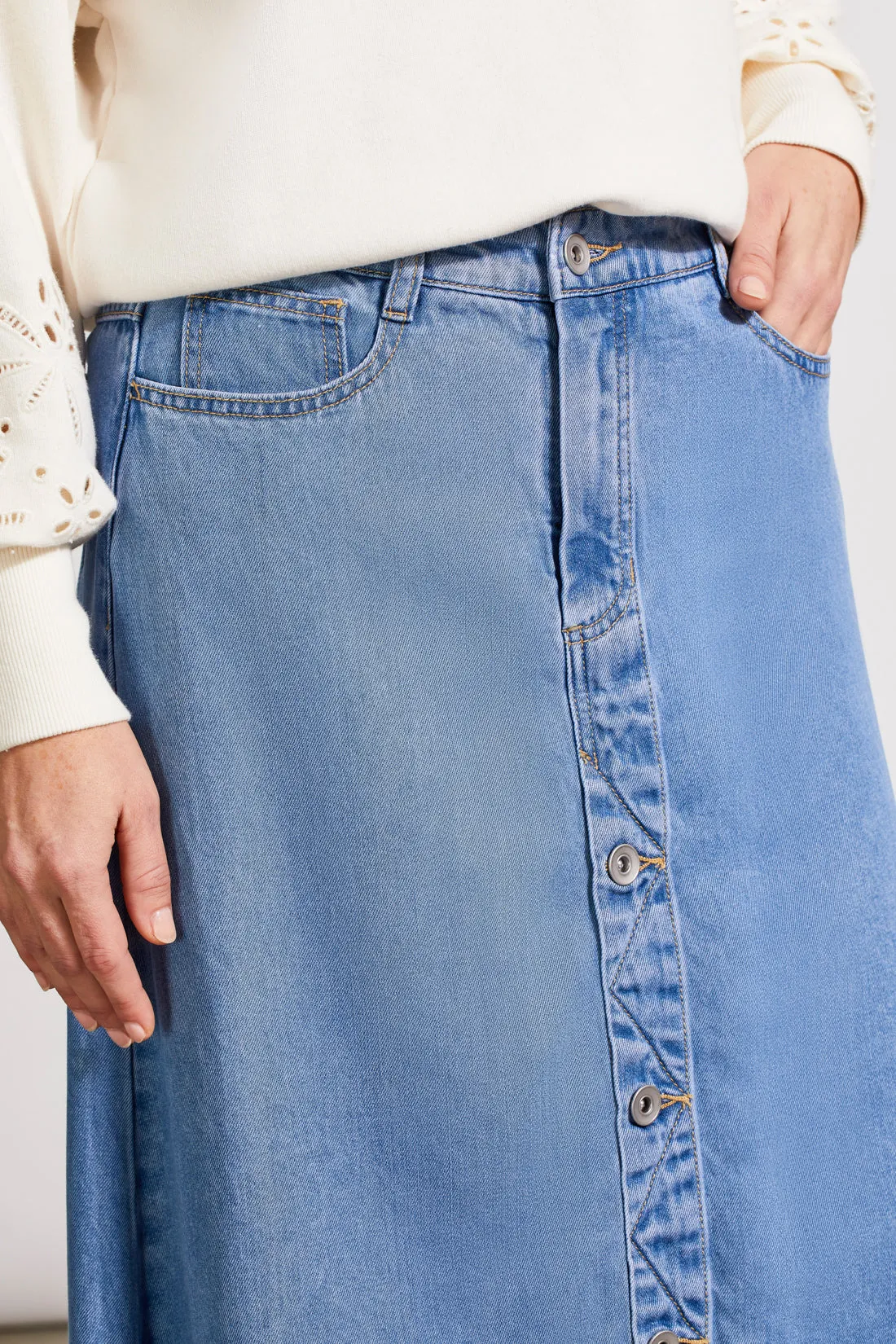 TRIBAL Button Down Flowy Midi Skirt - Soft Blue