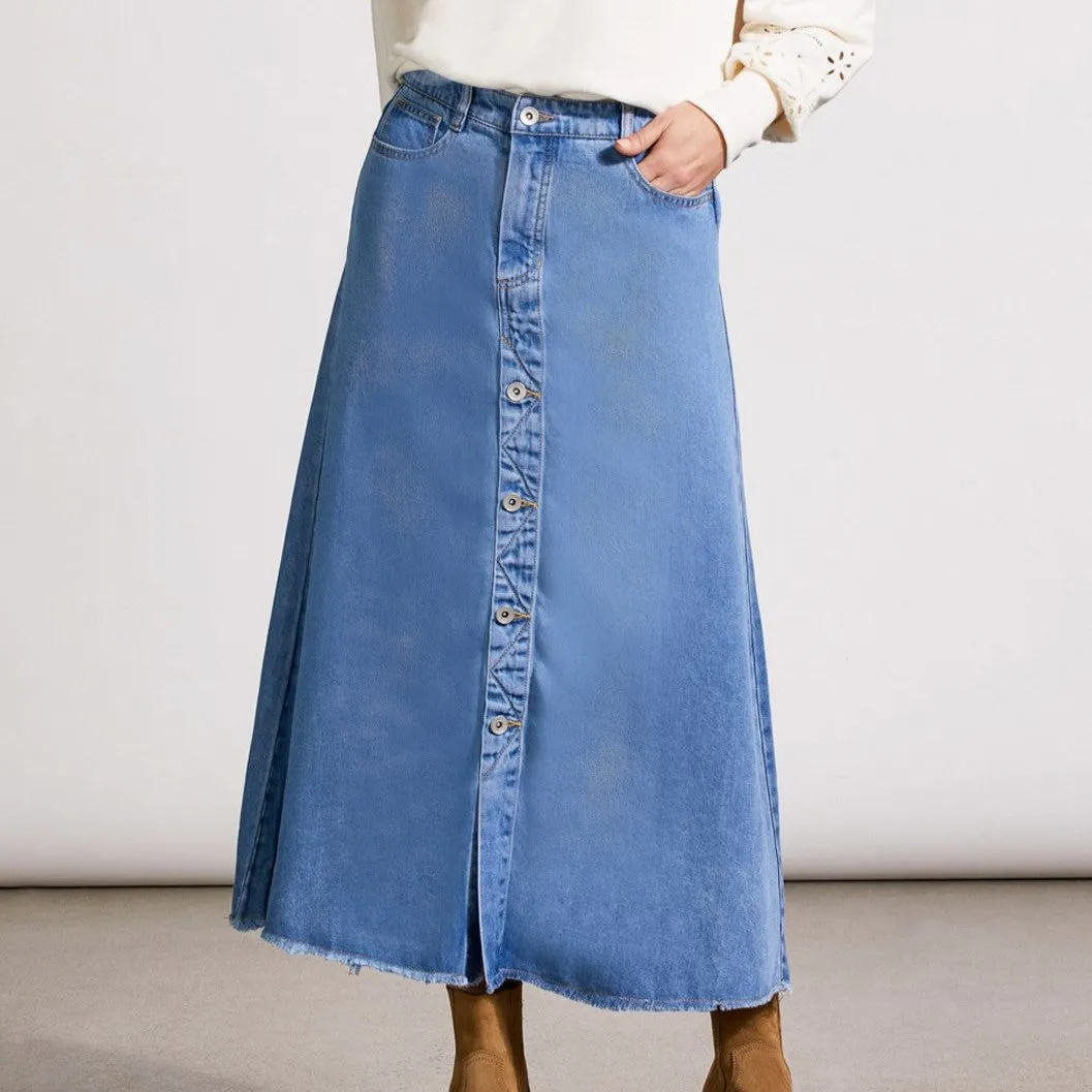 TRIBAL Button Down Flowy Midi Skirt - Soft Blue