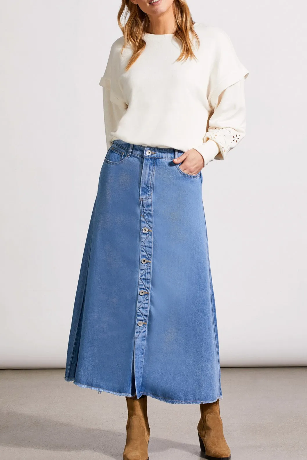TRIBAL Button Down Flowy Midi Skirt - Soft Blue