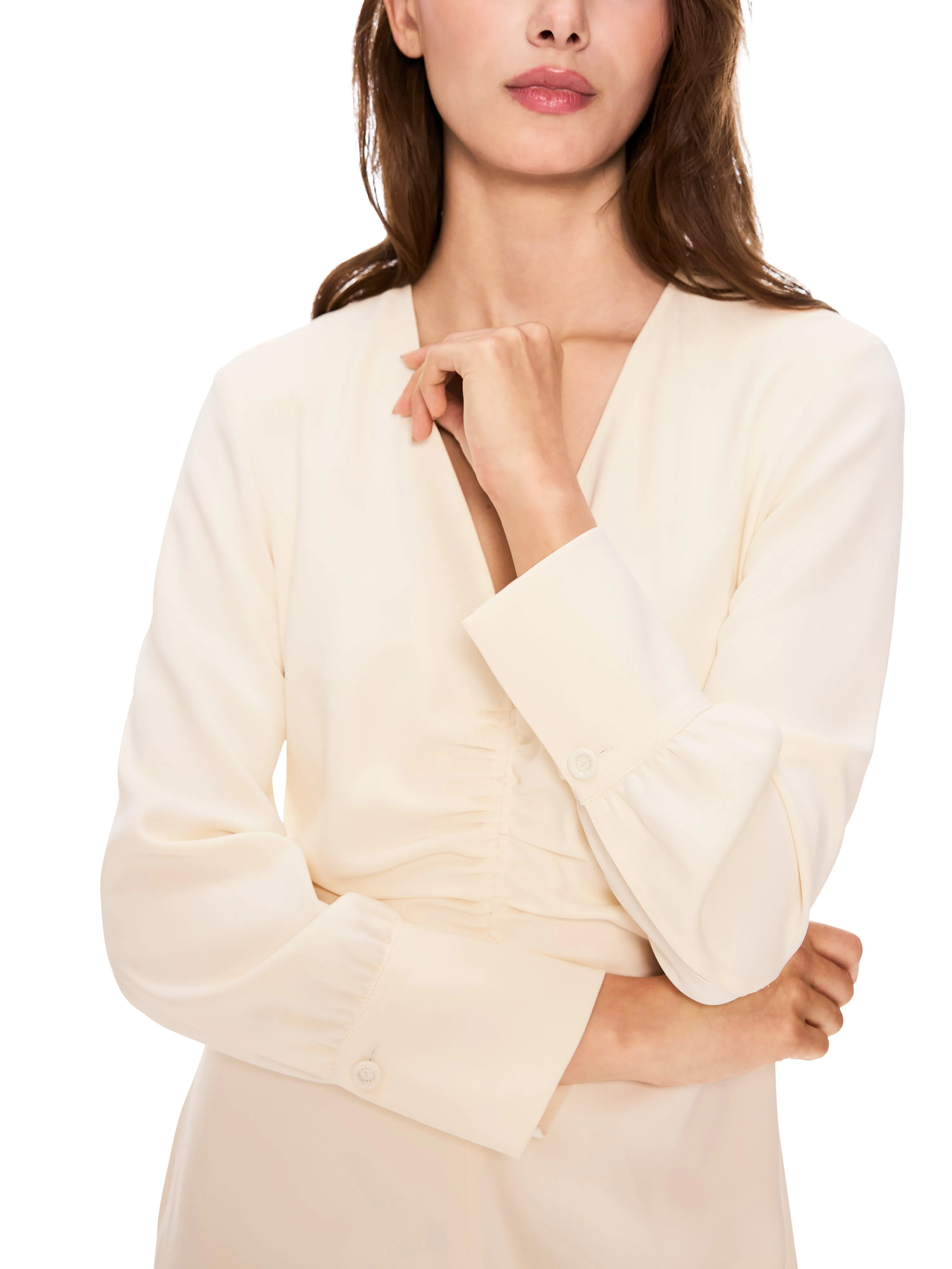 V-NECK RUCHED FRONT DRESS W L/SLEEVES