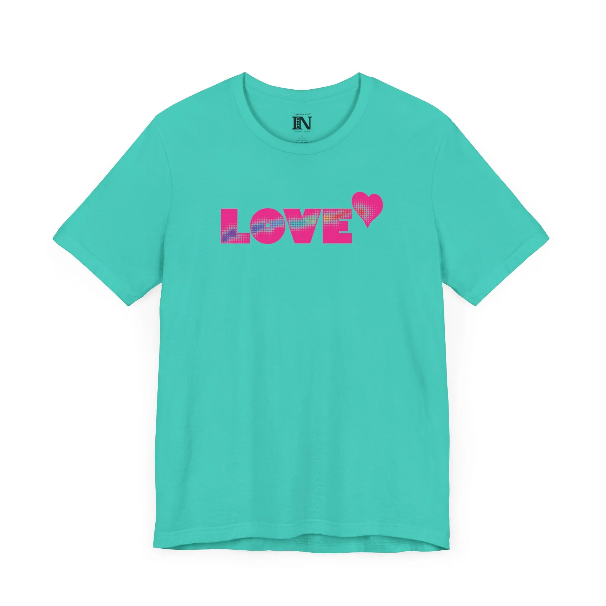 Valentines Love Shirt, Love Retro Pop-Art Unisex Tee, Bold Uppercase Letters, Hot Pink, Halftone Gradient Effect, Minimalistic Design