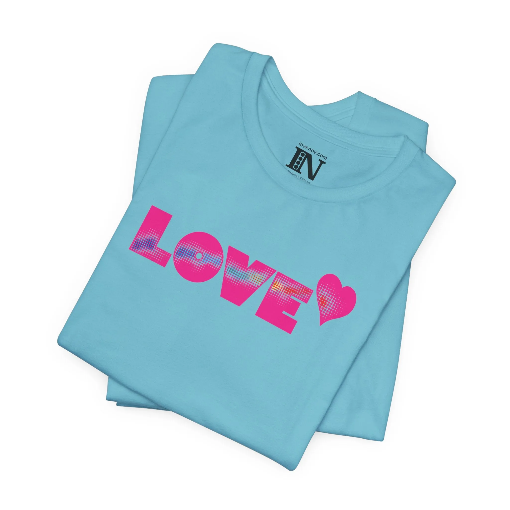 Valentines Love Shirt, Love Retro Pop-Art Unisex Tee, Bold Uppercase Letters, Hot Pink, Halftone Gradient Effect, Minimalistic Design