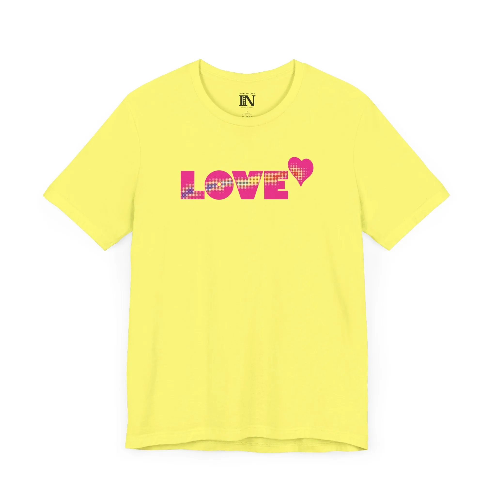Valentines Love Shirt, Love Retro Pop-Art Unisex Tee, Bold Uppercase Letters, Hot Pink, Halftone Gradient Effect, Minimalistic Design