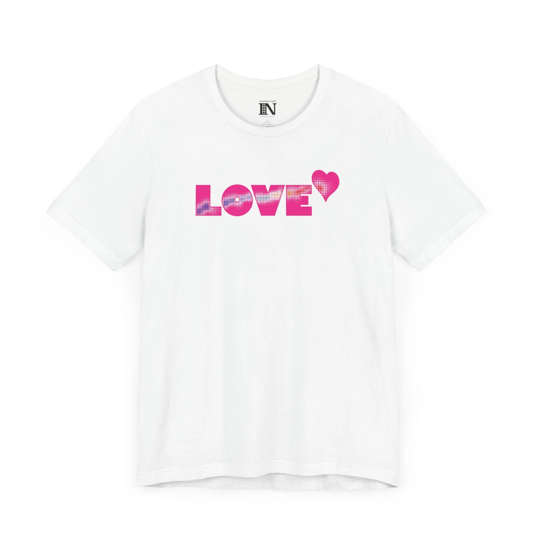 Valentines Love Shirt, Love Retro Pop-Art Unisex Tee, Bold Uppercase Letters, Hot Pink, Halftone Gradient Effect, Minimalistic Design