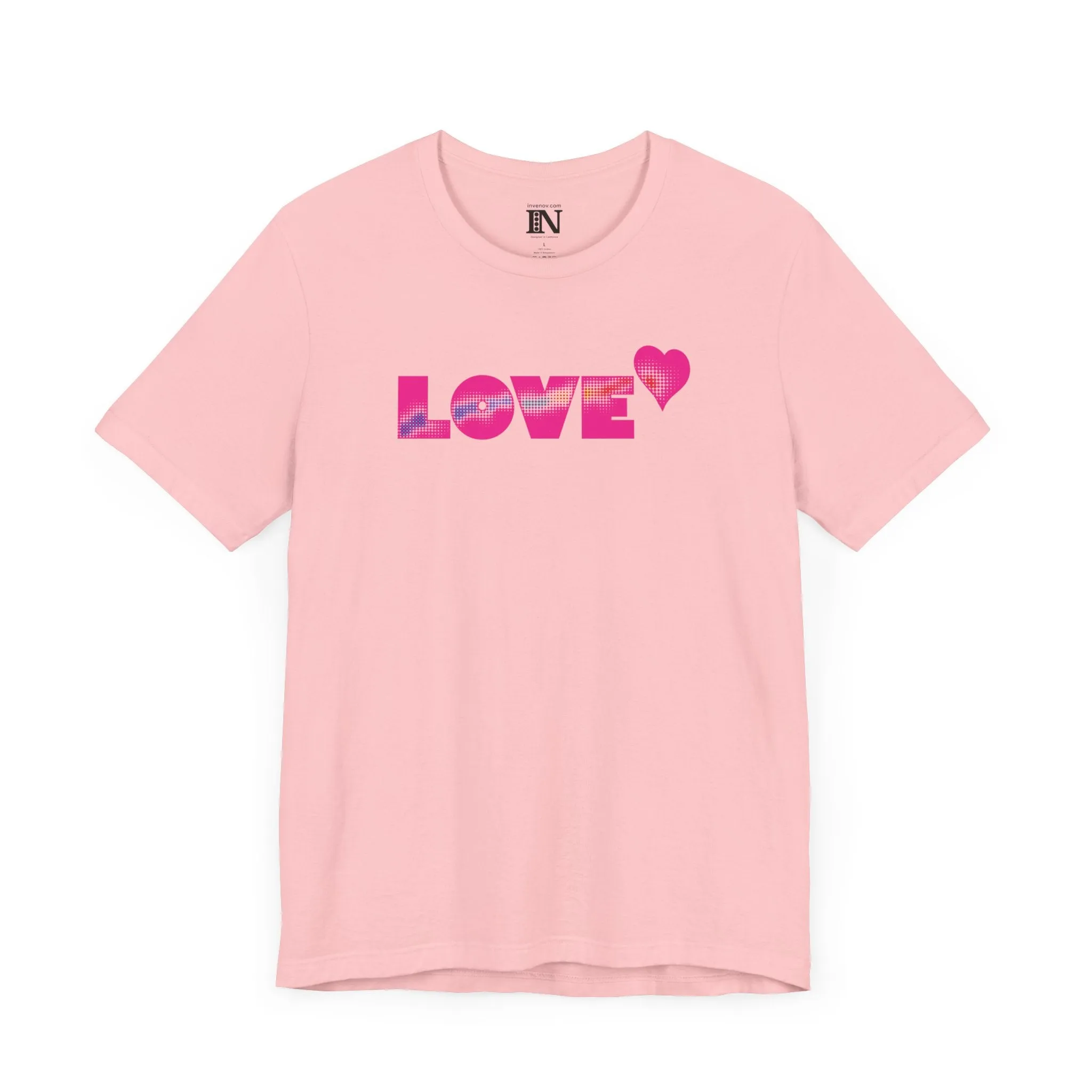 Valentines Love Shirt, Love Retro Pop-Art Unisex Tee, Bold Uppercase Letters, Hot Pink, Halftone Gradient Effect, Minimalistic Design