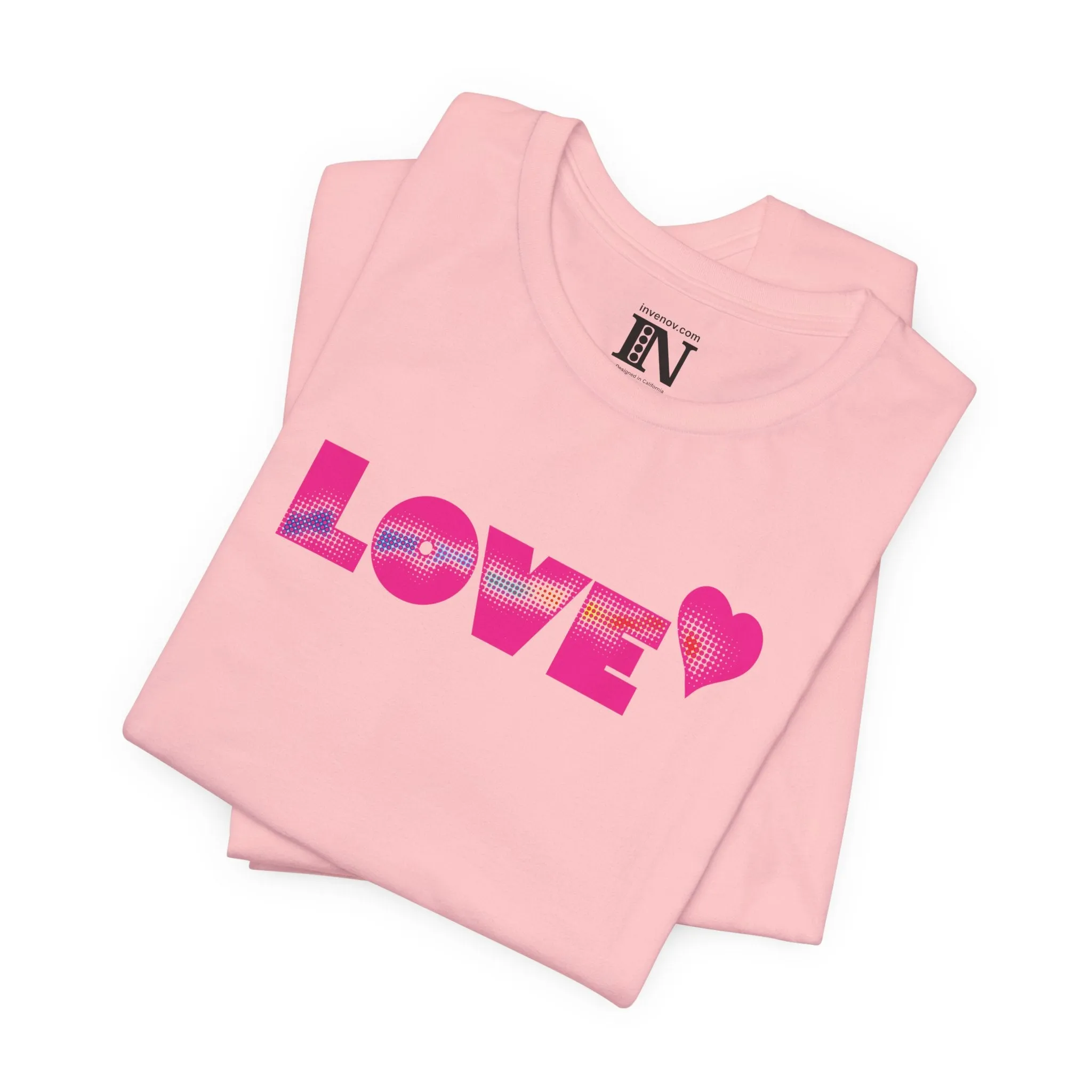 Valentines Love Shirt, Love Retro Pop-Art Unisex Tee, Bold Uppercase Letters, Hot Pink, Halftone Gradient Effect, Minimalistic Design