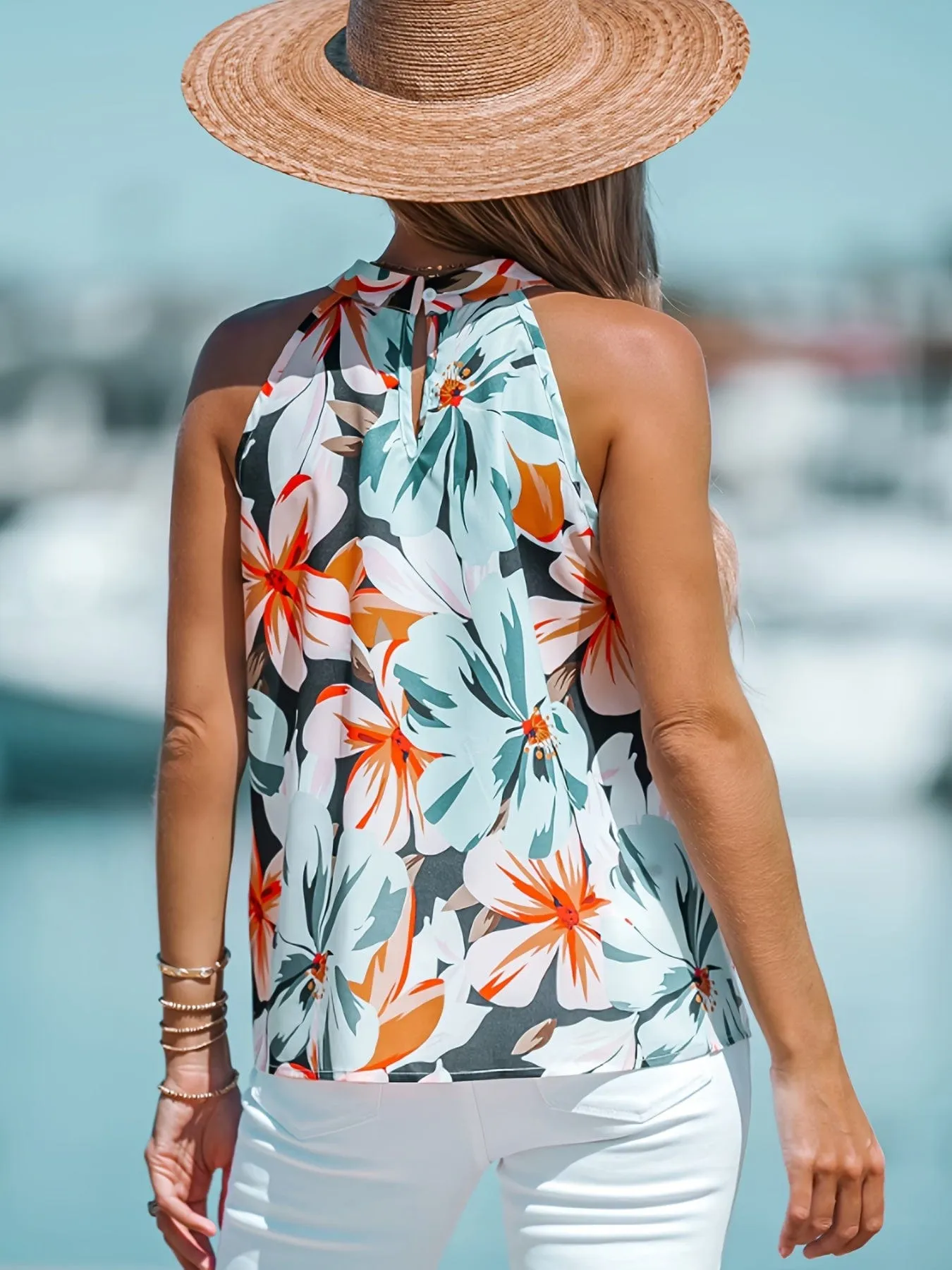 Vibrant Floral Halter Top with Keyhole Back
