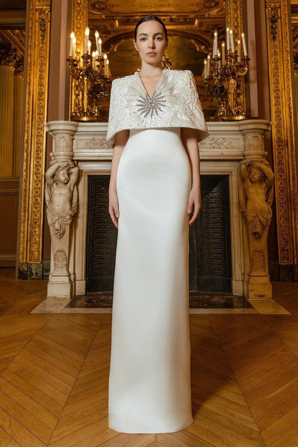 Vows Cape V-Neck Taffeta Silk Floor Length Dress