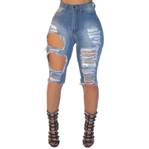 Women's Mid Waist Ripped Hole Jean Shorts Bermuda Shorts