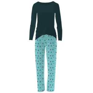 Women's Print Bamboo Long Sleeve Loosey Goosey Tee & Pajama Pants Set - Iceberg Holiday Lights (WCA22)