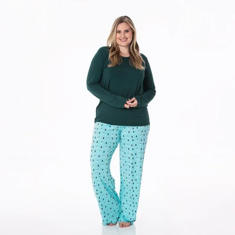 Women's Print Bamboo Long Sleeve Loosey Goosey Tee & Pajama Pants Set - Iceberg Holiday Lights (WCA22)