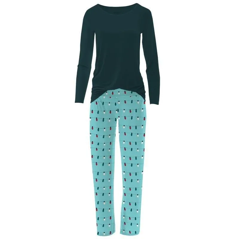 Women's Print Bamboo Long Sleeve Loosey Goosey Tee & Pajama Pants Set - Iceberg Holiday Lights (WCA22)
