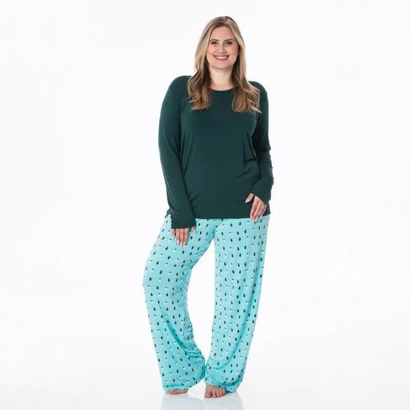 Women's Print Bamboo Long Sleeve Loosey Goosey Tee & Pajama Pants Set - Iceberg Holiday Lights (WCA22)