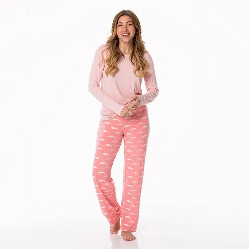 Women's Print Bamboo Long Sleeve Loosey Goosey Tee & Pajama Pants Set - Strawberry Narwhal