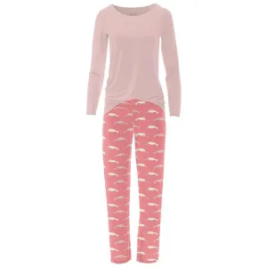 Women's Print Bamboo Long Sleeve Loosey Goosey Tee & Pajama Pants Set - Strawberry Narwhal