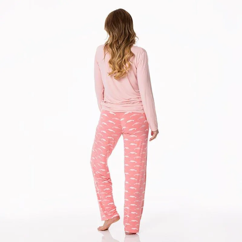 Women's Print Bamboo Long Sleeve Loosey Goosey Tee & Pajama Pants Set - Strawberry Narwhal