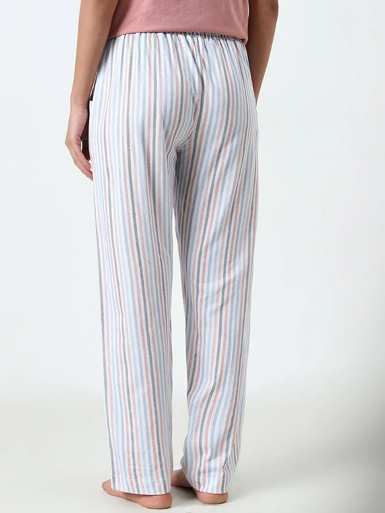 Wunderlove White Striped High-Rise Cotton Lounge Pants